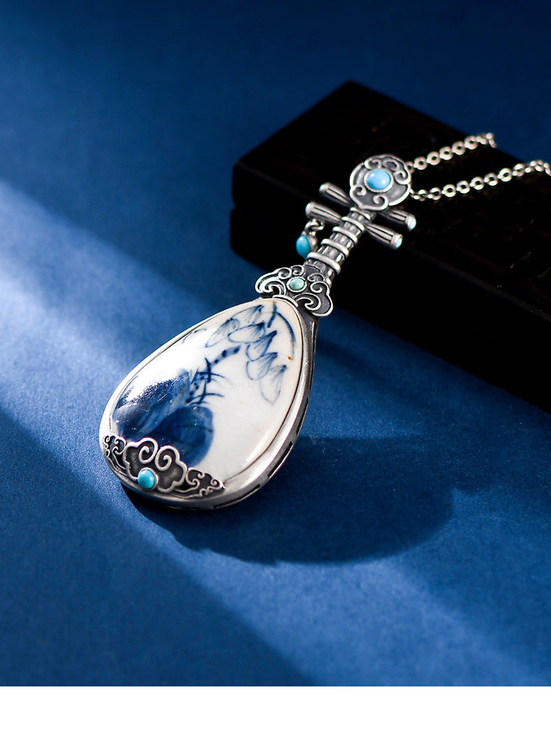 blue and white porcelain Ruyi Pipa Necklace