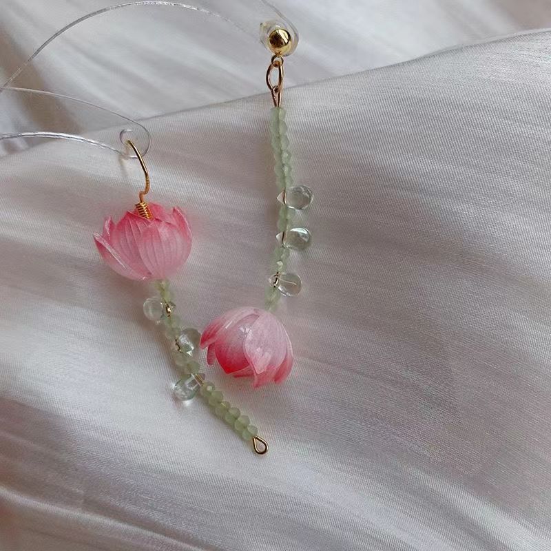 Pink Lotus Ice Dew Asymmetric Hanfu Earrings