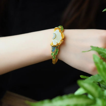 Hetian-Jade-Lotus-Emaille-Armband – Sterlingsilber