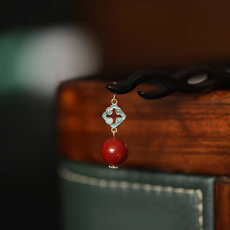 Original Chinese Ebony Wood Hairpin & Pendant with Cinnabar Inlay – Oriental Calming Amulet Jewelry