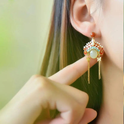 Hotan-Jade Peking-Opernmaske Perle Südrote Achat Quastenohrringe - Sterlingsilber