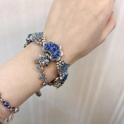 Blumenblatt Ruyi Schloss Hand Vintage Original Perlenarmband-Reinsilber