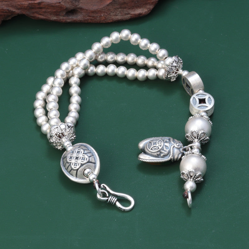 cicadas coin Turtle shell retro ancient magic bead multi-layer bracelet-Sterling Silver