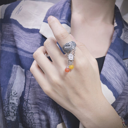 Lotusfisch-Quaste Vintage-Ring im Ethno-Stil – Segen – Sterlingsilber