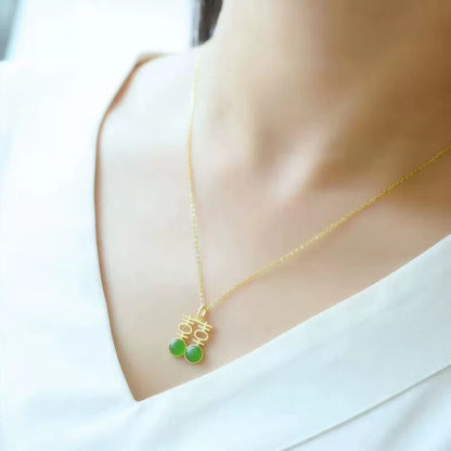 Doppeltes Glück Goldintarsien Jade Anhänger - Sterlingsilber