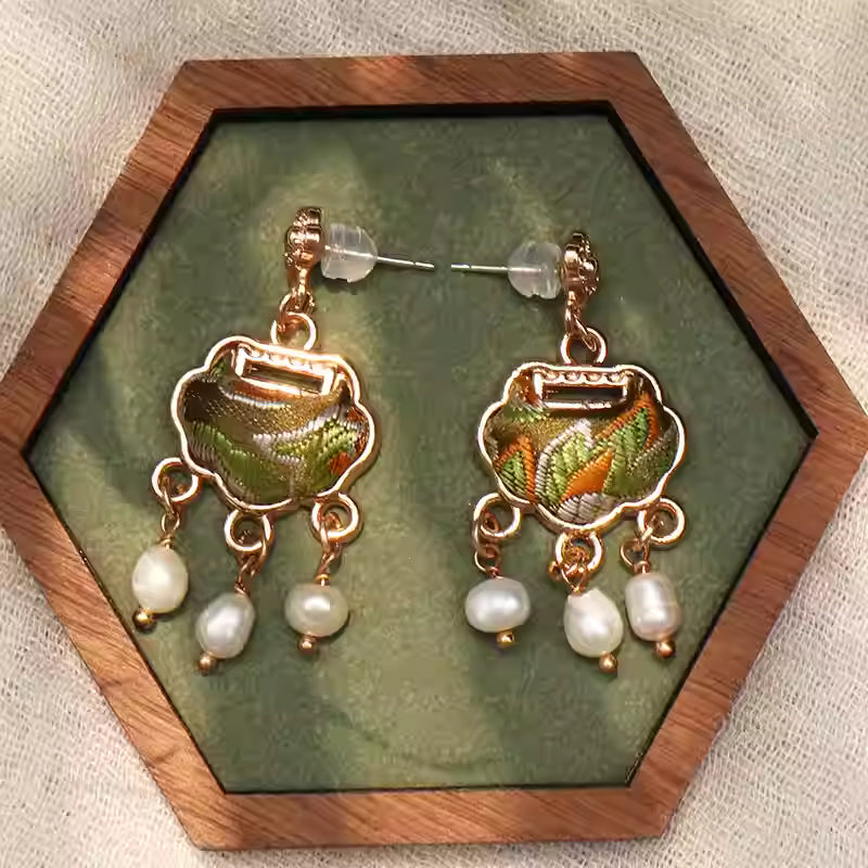 Song Brocade Ruyi Lock Pearl Earrings – Chinese Intangible Heritage Hanfu &Qipao Style Jewelry