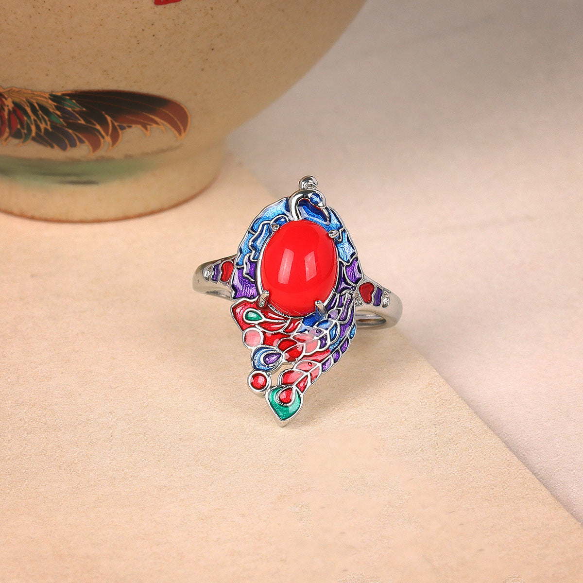 China-Chic Cloisonné phoenix imitation southern red ring
