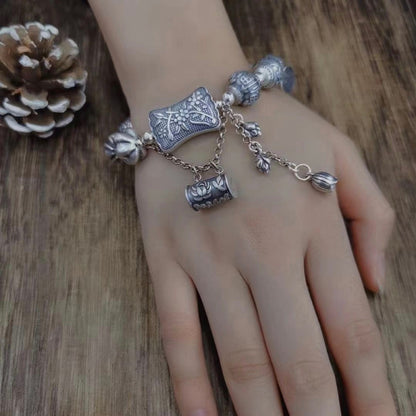 Vintage Große Ausführung Muster Runde Perlen Ruyi Schloss Quasten Armband-Sterlingsilber