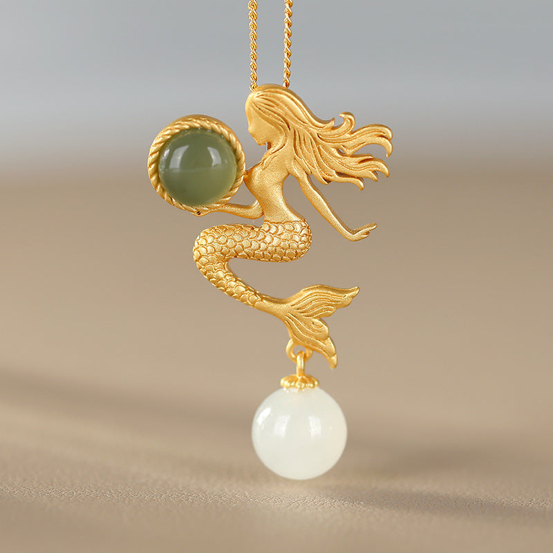 Mermaid Sapphire and Hetian Jade Pendant - Sterling Silver