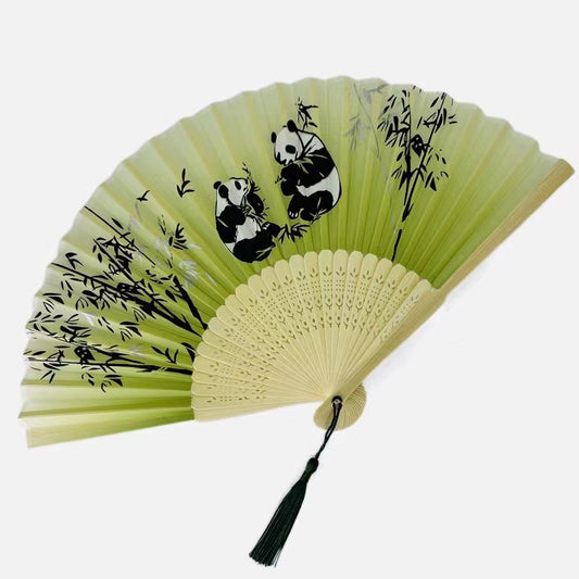 Panda Silk Bamboo Folding Fan