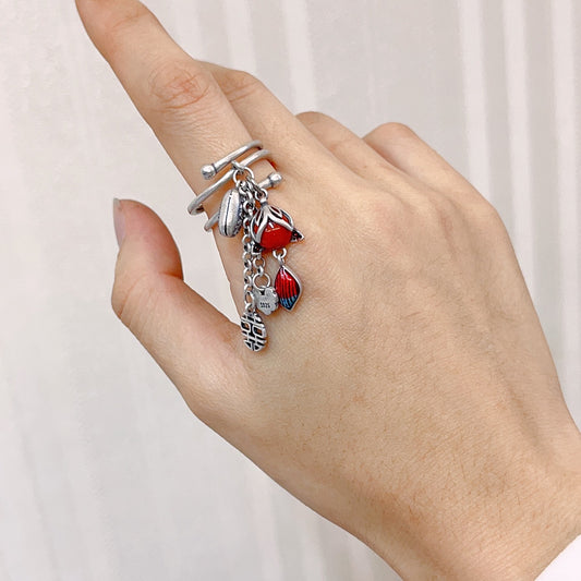 Southern Red Agate Fox Tassel Ring -Sterling Silver