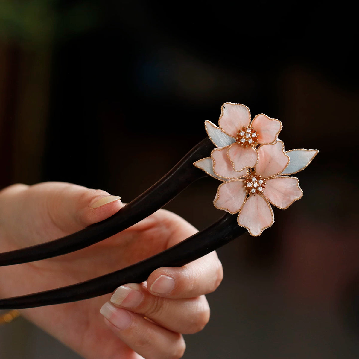 Chunky pink and blue velvet flower wooden hairpin style