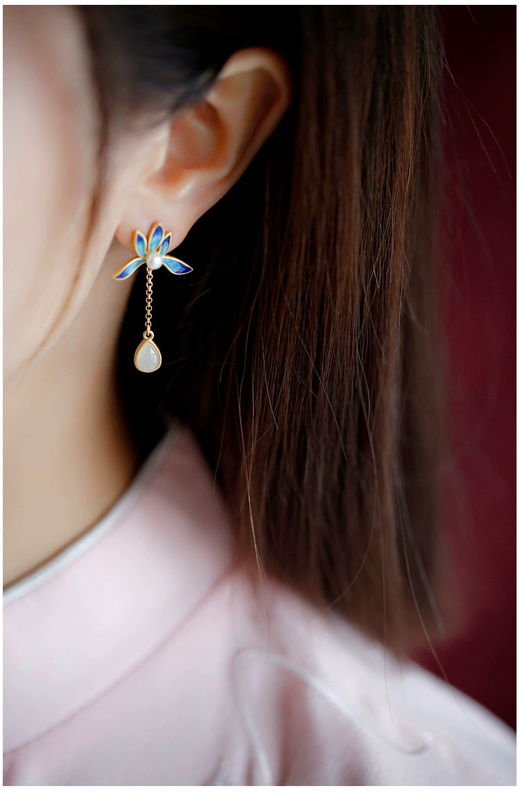 Lotus Pearl and Hetian Jade Tassel Earrings-Sterling silver