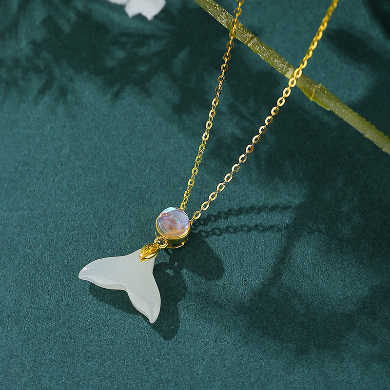 Hetian Jade Mermaid Pearl Clavicle Chain Pendant - Sterling Silver