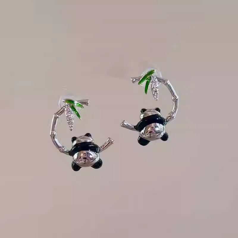 Bamboo Panda Stud Earrings – Cute Green Leaf Oriental Style Earrings for Women