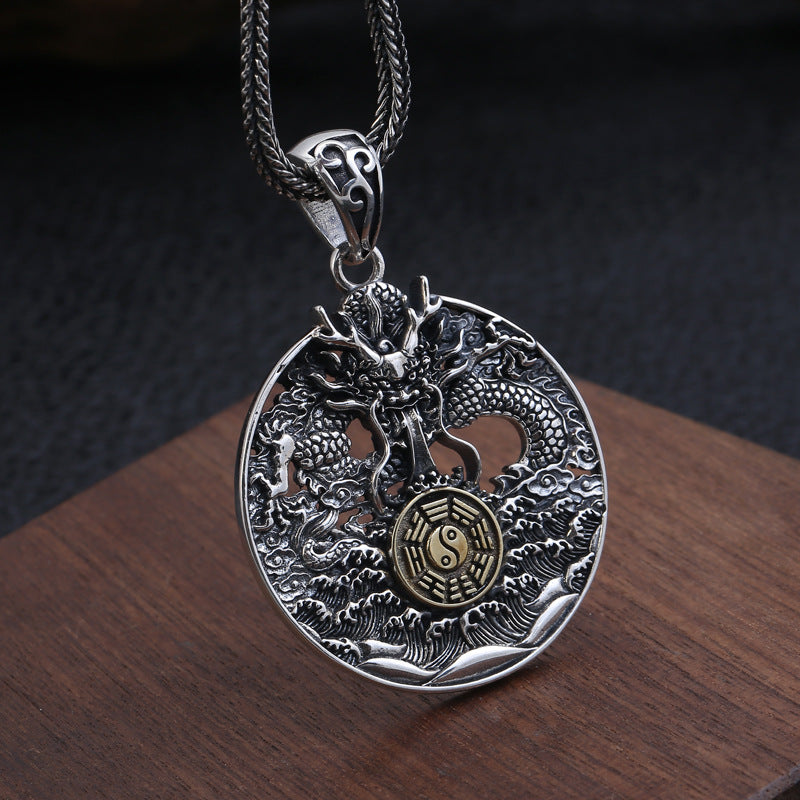 Vintage Hollow Round Nine Palace Eight Trigrams Dragon Pendant Necklace