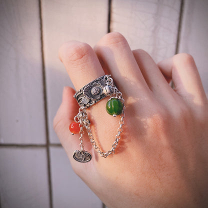 Pfirsichblüte Jaspis Quaste Ring im Vintage Ethno Stil – Sterling Silber