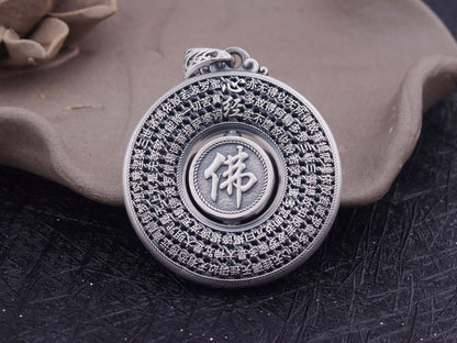 Retro-Glücks-Laufhand mit Lotus-Buddha-Herz-Sutra-Seiden-Halskette (Mitte drehbar) aus Sterlingsilber
