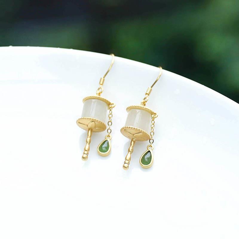 Hetian Jade Prayer Wheel Emerald Earrings - Sterling Silver