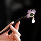 Long dark wooden hairpin with purple peony flower and tassel