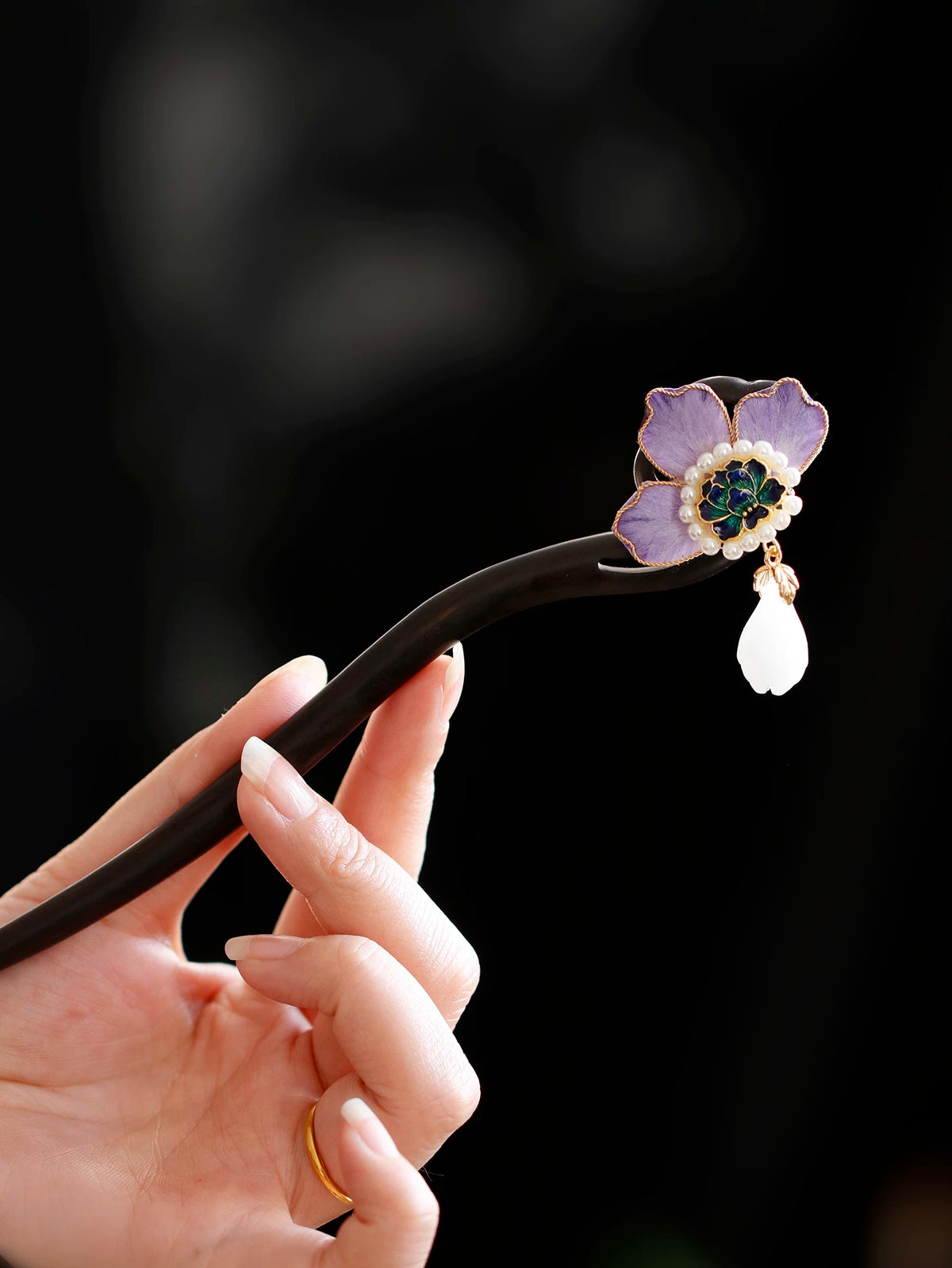 Long dark wooden hairpin with purple peony flower and tassel