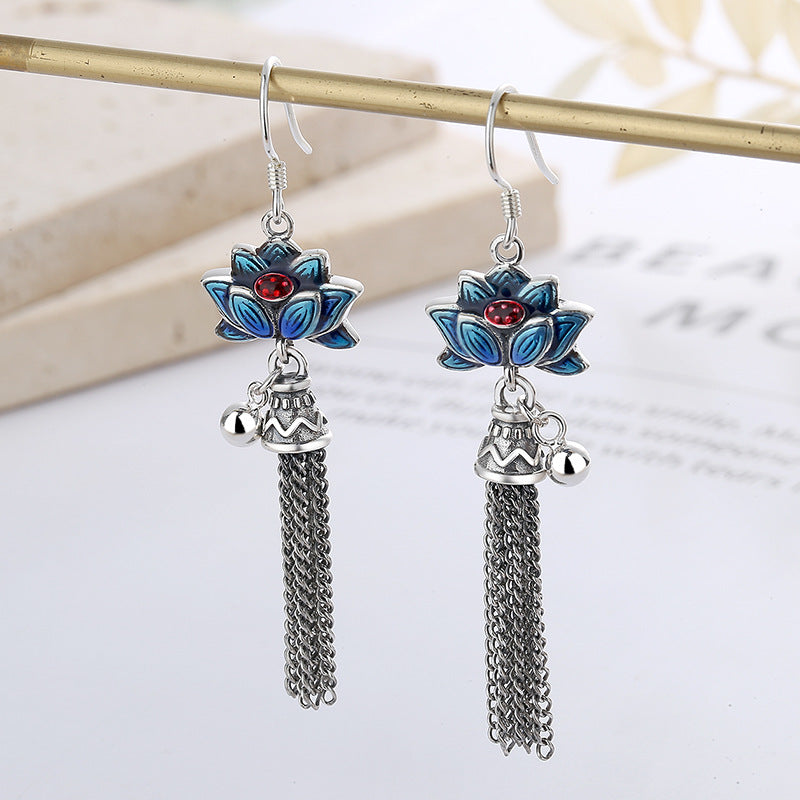 Sterling silver enamel lotus bell tassel earrings