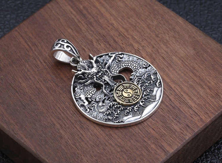 Vintage Hollow Round Nine Palace Eight Trigrams Dragon Pendant Necklace