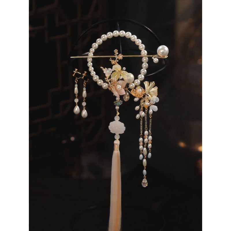 leaves lotus flowers pearl tassels and hairpin with a back plate