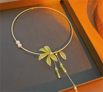 Bamboo Knot Leaf Pearl Collar Necklace