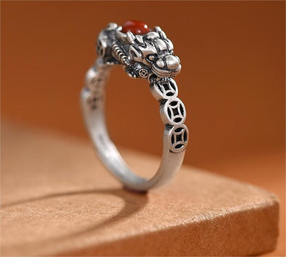 Pixiu Rubin Kupfer Münze Offener Ring - Sterlingsilber