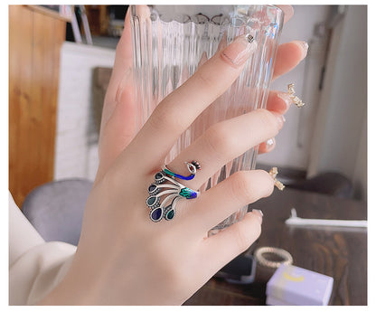 Vintage Natural Dropping Gum Enamel Peacock Open Ring