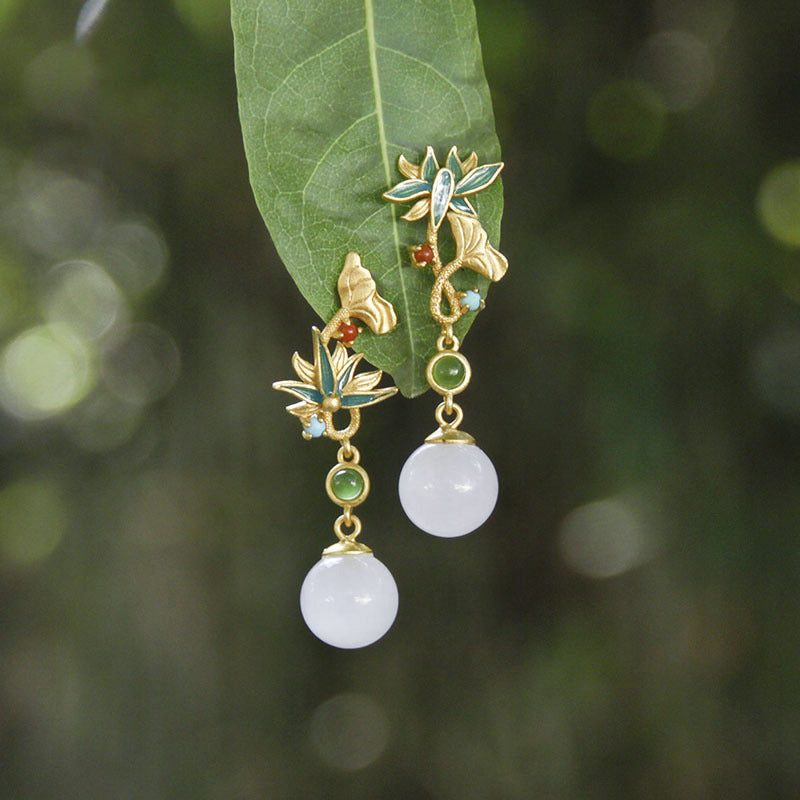 Hetian jade enamel lotus turquoise asymmetrical earrings - sterling silver