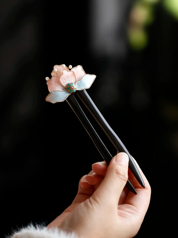 Long wooden hairpin with pink and blue flower head