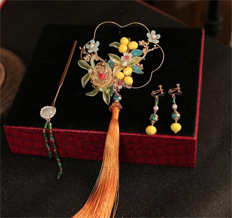 Pearl Bamboo Hairpin And Red Agate Flower Tassel Hair Iron Set