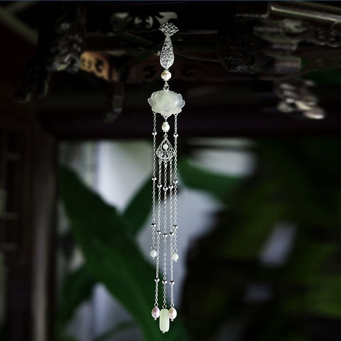 Ice Lotus Natural White Agate Lotus Long Tassel with Qipao Pressed Front