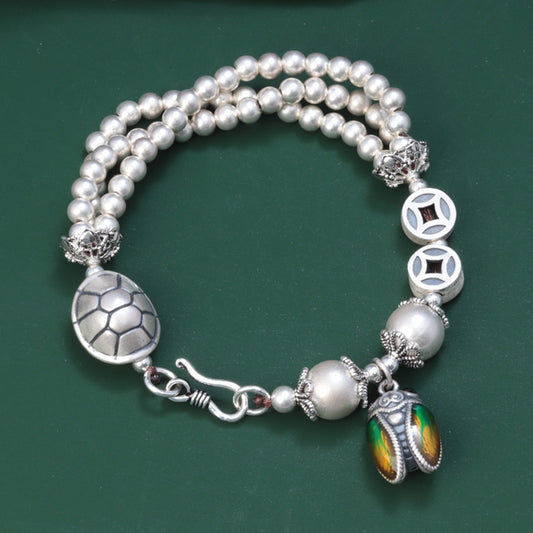 cicadas coin Turtle shell retro ancient magic bead multi-layer bracelet-Sterling Silver