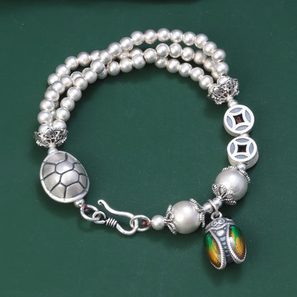 Zikadenmünze Schildkrötenpanzer retro alte Magieperle mehrlagiges Armband-Sterlingsilber