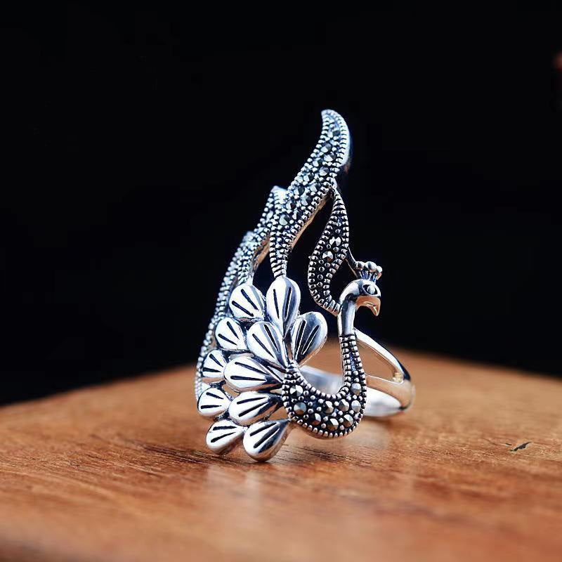 Peacock Hollow Open Screen Feather Vintage Ring-Sterling silver