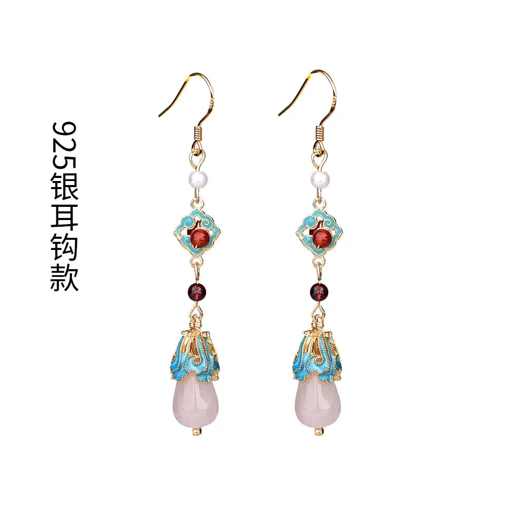 Pair of long red and turquoise earrings with gold-tone 925 sterling silver hooks
