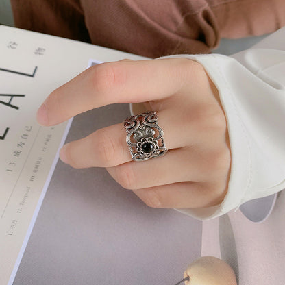 Ethnic Mongolian Pattern Wide Faced Hollow Black Zircon Ring (Adjustable Opening)