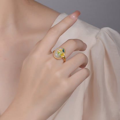 Hotan Jade Enamel Lotus Ring - Sterling Silver