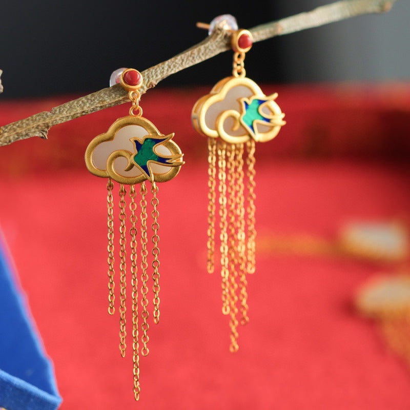 Xiangyun Swallow Gold Inlaid Jade Tassel Earrings
