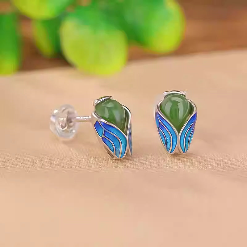Luxury S925 Silver Cicada Stud Earrings with Hetian Jade and Enamel – Minimalist Gold & Silver Options, 11×7mm, 2g, Creative Chinese Design for Women