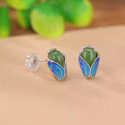 Luxury S925 Silver Cicada Stud Earrings with Hetian Jade and Enamel – Minimalist Gold & Silver Options, 11×7mm, 2g, Creative Chinese Design for Women