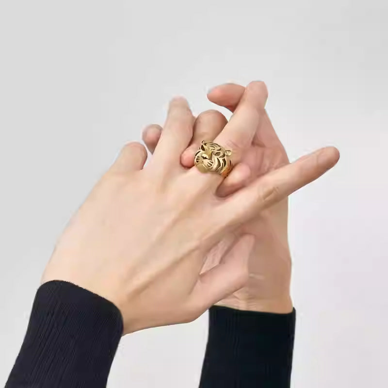 New Chinese Style Tiger Head Ring – Brass Hollow Zodiac Statement Jewelry