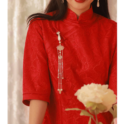 Eislotus Natur-weißer Achat-Lotus mit langen Quasten für Qipao-Front