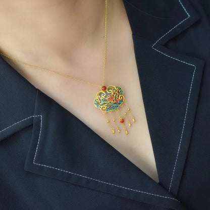 Xiangyun Phoenix Gold Inlaid Jade South Red Agate Ruyi Lock Tassel Pendant