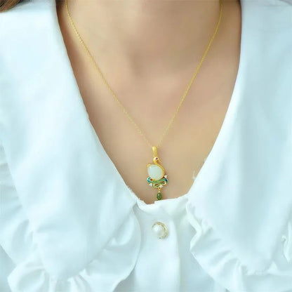 Schwan Wassertropfen Gold Intarsien Emaille Jade Anhänger - Sterlingsilber