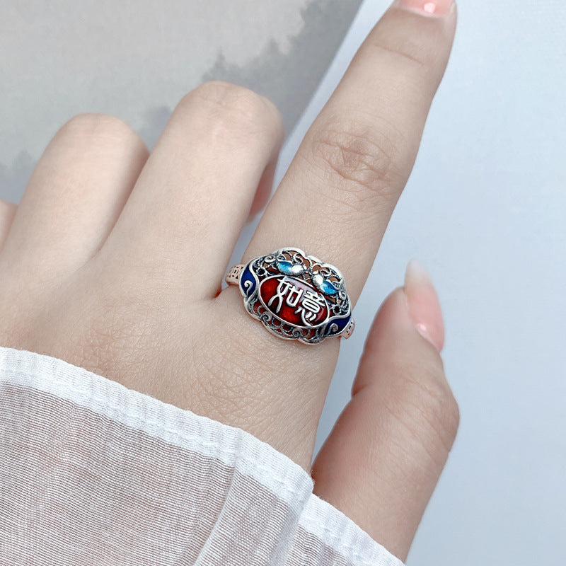 Vintage Enamel Colored Red Ruyi Lock Handmade Hollow out Silk Craft Ring- Sterling Silver