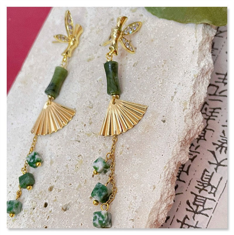 Bamboo And Leaf Fan Tassel Earrings